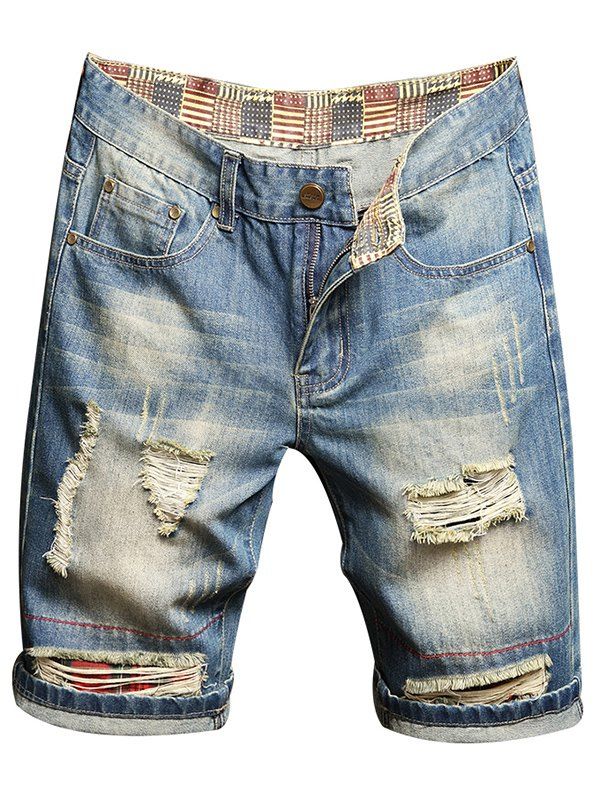 Patriotic Denim Shorts Pockets American Flag Print Distressed Detail Zipper Fly Summer Casual Shorts - BLUE 32
