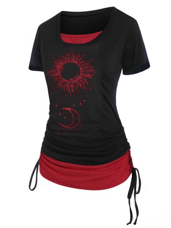 T-shirt Sanglé Contrasté à Imprimé Lune Soleil à Manches Courtes - Rouge XXL