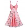 Robe Ligne A Bague en O à Imprimé Plume Fausse Deux Pièces - Rose clair XL