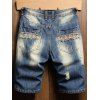American Flag Print Denim Shorts Zipper Fly Pockets Frayed Summer Ripped Shorts - BLUE 32