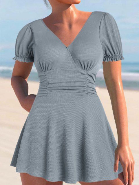 Textured Ruched Puff Sleeve Skirted One-piece Swimsuit