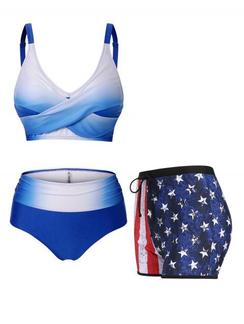 Ombre Twist Ruched High Waisted Bikini Swimsuit And American Flag Pattern Swim Boyshorts Set