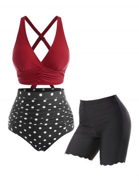 Tummy Control Ruched High Waisted Polka Dot Tankini Swimsuit And Scalloped High Rise Swim Bottoms Set