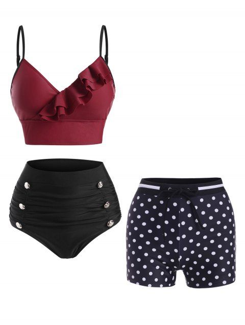 Colorblock Ruffle Mock Button Tummy Control Bikini Swimsuit  And Polka Dot Drawstring Swim Boyshorts Set