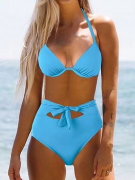 Tummy Control Bikini Swimsuit Bright Color Ruched Underwire Push Up Tied Cut Out Summer Beach Halter Swimwear