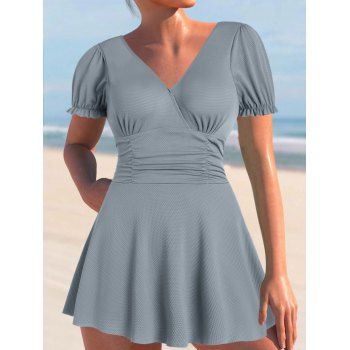 

Textured Ruched Puff Sleeve Skirted One-piece Swimsuit, Gray