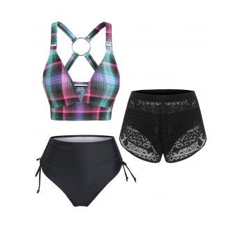 Vintage Plaid High Waisted Cross O Ring Tankini Swimwear and Pointelle Knit Swim Shorts Sheer with Cheeky Bikini Briefs Summer Beach Outfit