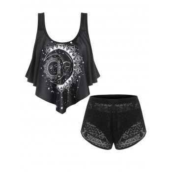 

Floral Sun Moon Print Swim Tankini Top And Geo Pointelle Knit Shorts with Briefs Set, Black