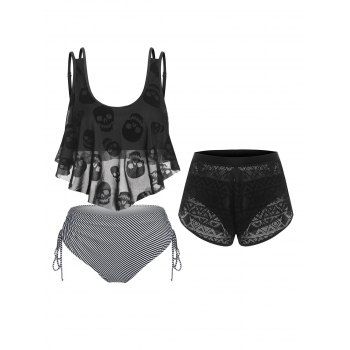 

Gothic Skull Mesh Stripe Print Padded Tankini Swimsuit And Geo Pointelle Knit Shorts with Briefs Set, Black