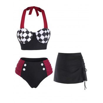 

Checkerboard Contrast Colorblock Underwire Bikini Swimsuit And Cinched Slit Skirted Swim Bottom Set, Multicolor