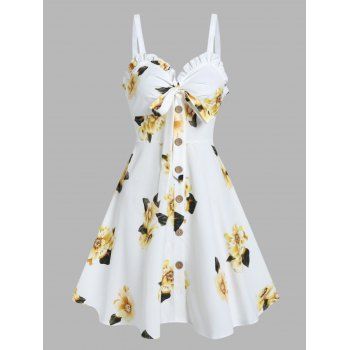 

Floral Print Vacation Sundress Garden Party Dress Summer Ruffled Bowknot Mini Dress, Light yellow