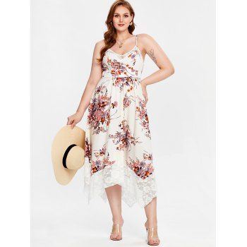 

Plus Size Floral Print Lace Panel Midi Handkerchief Dress, White