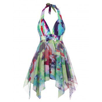 

Mesh Tie Dye Modest Swimsuit Halter Handkerchief Tankini Swimwear, Multicolor