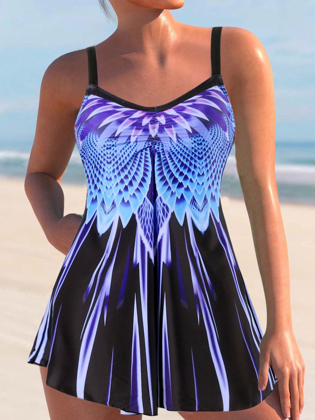 Modest Print Tankini Swimsuit Cheeky Skirted Swimwear Set - BLUE S