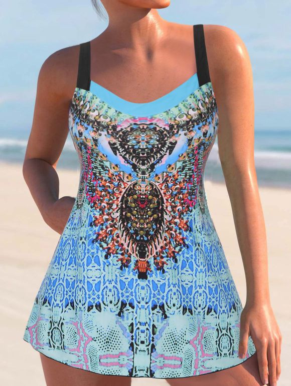 Maillot de Bain Tankini à Imprimé Abstrait Contrasté à Bretelle - multicolor S