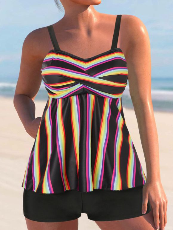 Striped Rainbow Boyshort Twist Tankini Swimwear - multicolor M
