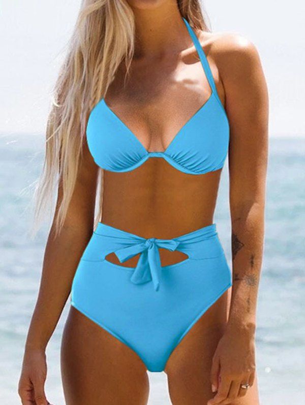 Maillot de Bain Bikini de Plage Gainant Noué en Couleur Unie à Armature à Volants de Plage d'été - Bleu XL