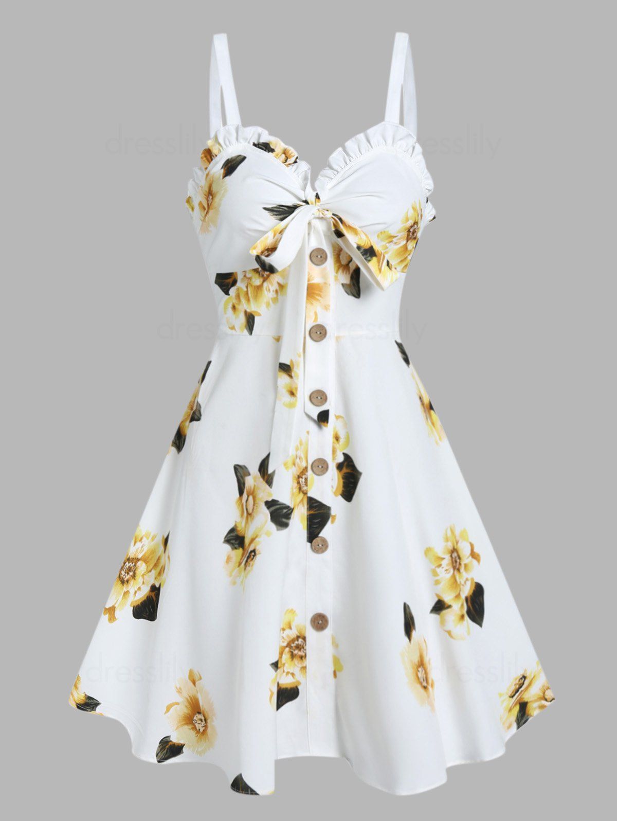 Mini Robe de Soirée d'Eté à Imprimé Fleurie à Volants avec Nœud Papillon de Vacances - Jaune clair XL