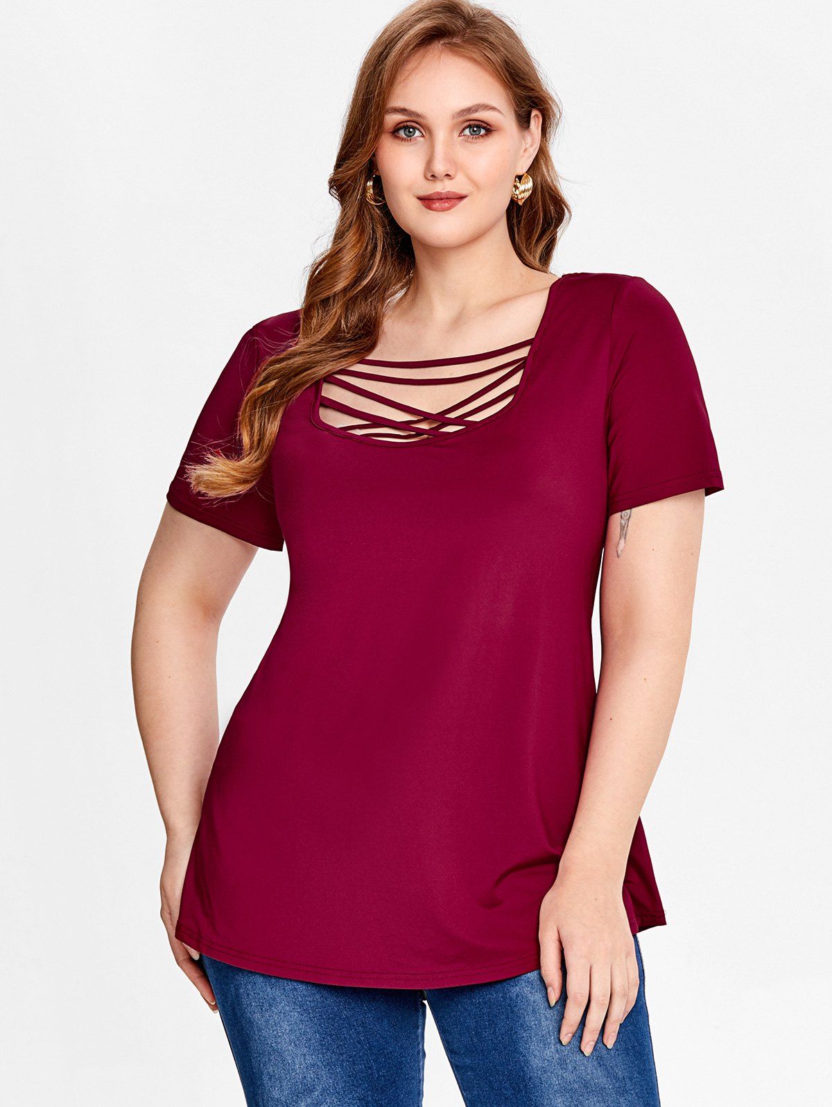 Plus Size Casual Crisscross T-shirt - DEEP RED 4X | US 26-28
