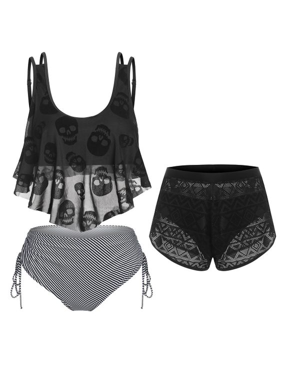 Ensemble de Maillot de Bain Tankini Gothique Rayé à Imprimé Crâne en Maille et de Short et Culotte - Noir S
