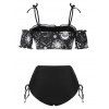 Celestial Sun Moon Print Cold Shoulder Puff Sleeve Vintage Tankini Swimsuit and Cinched Slit Skirted Swim Bottom Summer Beach Outfit - BLACK S