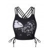 Butterfly Lattice Strap Cinched Tie Tankini Top And Guipure Lace Swimming Bottoms Set - BLACK S