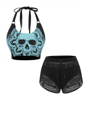 Gothic Skull Flower Print O Ring Bikini Top And Geo Pointelle Knit Shorts with Briefs Set