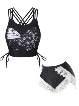 Butterfly Lattice Strap Cinched Tie Tankini Top And Guipure Lace Swimming Bottoms Set
