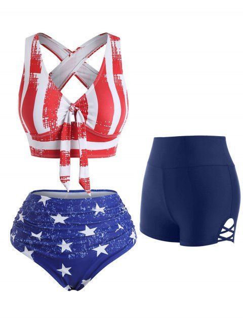 Cross Back American Flag Knot Bikini Swimwear and High Waisted Boyshort Tummy Control Swimsuit Bottom Summer Beach Patriotic Outfit