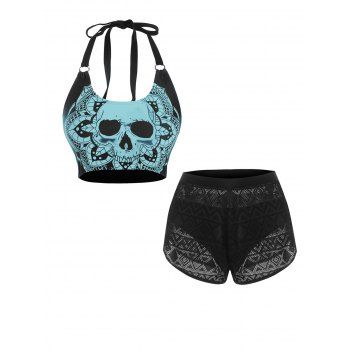 

Gothic Skull Flower Print O Ring Bikini Top And Geo Pointelle Knit Shorts with Briefs Set, Multicolor