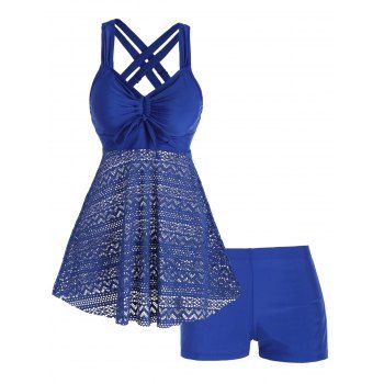 

Modest Sheer Swimsuit Laser Cut Out Solid Color Cinched Dual Strap Boyshorts Tankini Swimwear, Blue