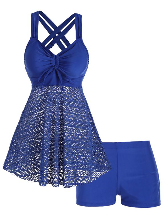 Modest Sheer Swimsuit Laser Cut Out Solid Color Cinched Dual Strap Boyshorts Tankini Swimwear - BLUE S