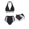 Lace Panel High Waisted Lace-up Bikini Swimsuit And Guipure Lace Swimming Bottoms Set - BLACK S