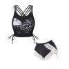 Butterfly Lattice Strap Cinched Tie Tankini Top And Guipure Lace Swimming Bottoms Set - BLACK S