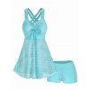 Modest Sheer Swimsuit Laser Cut Out Solid Color Cinched Dual Strap Boyshorts Tankini Swimwear - GREEN L