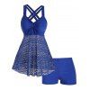 Modest Sheer Swimsuit Laser Cut Out Solid Color Cinched Dual Strap Boyshorts Tankini Swimwear