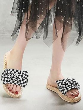 Checkerboard Print Bowknot Summer Artificial Straw Slippers