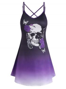 Plus Size & Curve Dress Gothic Dress Skull Rose Butterfly Print Crisscross Mini Tank Dress