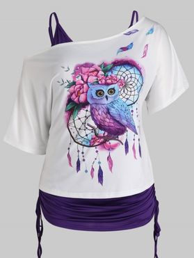 Plus Size Solid Color Cinched Tank Top and Dreamcatcher Floral Owl Print Skew Neck Ruched T Shirt Summer Casual Set