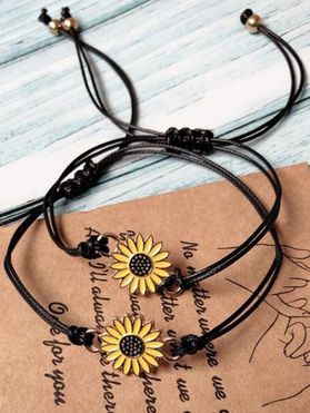 2 Pcs Alloy Sunflower Floral Bracelets Adjustable Vacation Bracelets Set