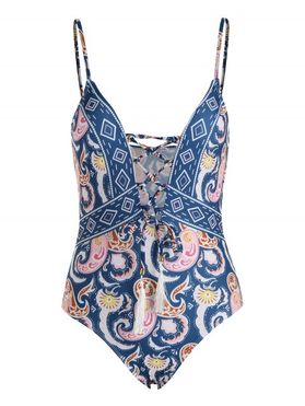 Bohemian One-piece Swimsuit Printed Lace Up Cut Out Fringed Plunging Neck Summer Beach Swimwear