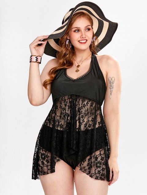 Plus Size High Low Lace Panel Halter Padded Tankini Swimsuit