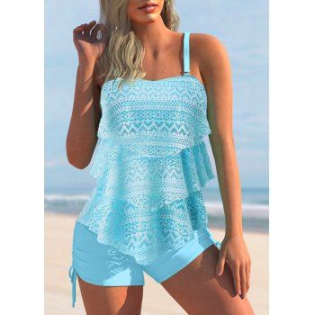 Modest Swimsuit Hollow Out Lace Layered Tankini Swimwear Two Piece Set Tummy Control Cinched Tie Bathing Suit
