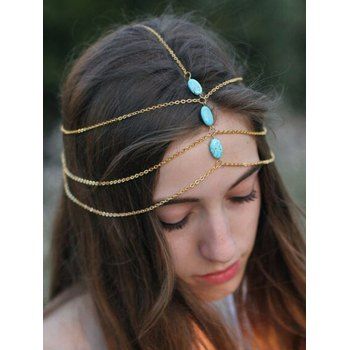 Fashion Women's Hair Accessories Bohemian Artificial Turquoise Tassel Metal Head Chains Golden