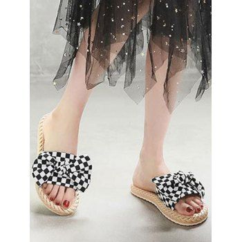 

Checkerboard Print Bowknot Summer Artificial Straw Slippers, Black