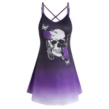 

Plus Size & Curve Dress Gothic Dress Skull Rose Butterfly Print Crisscross Mini Tank Dress, Purple