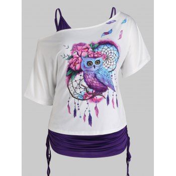 

Plus Size Solid Color Cinched Tank Top and Dreamcatcher Floral Owl Print Skew Neck Ruched T Shirt Summer Casual Set, Purple