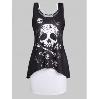 Skull Print High Low Tank Dress And Basic Cami Dress Gothic Two Piece Set