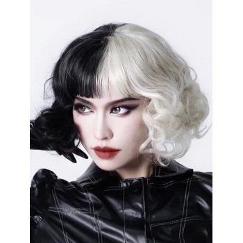 Halloween Short Cosplay Wig Two Tone Full Bang Curly Heat Resistant Synthetic Wig