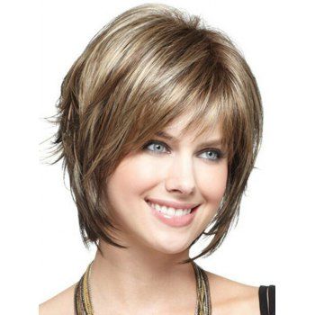 

Short Straight Wig Side Bang Highlight Heat Resistant Synthetic Wig, Light coffee